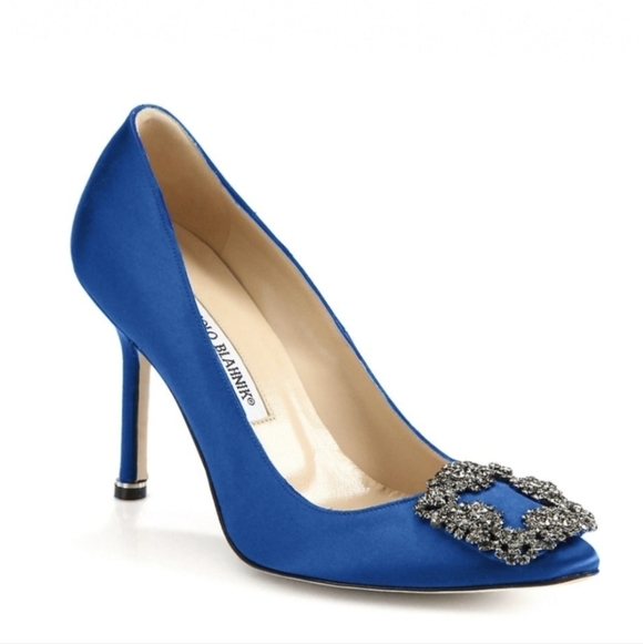 NEW Manolo Blahnik Hangisi Blue Satin Crystal Pump Size EU 38.5 - Picture 2 of 11